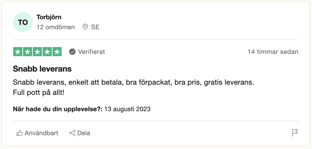 Omdöme från Trustpilot om gratis, snabb leverans av snus till bra pris