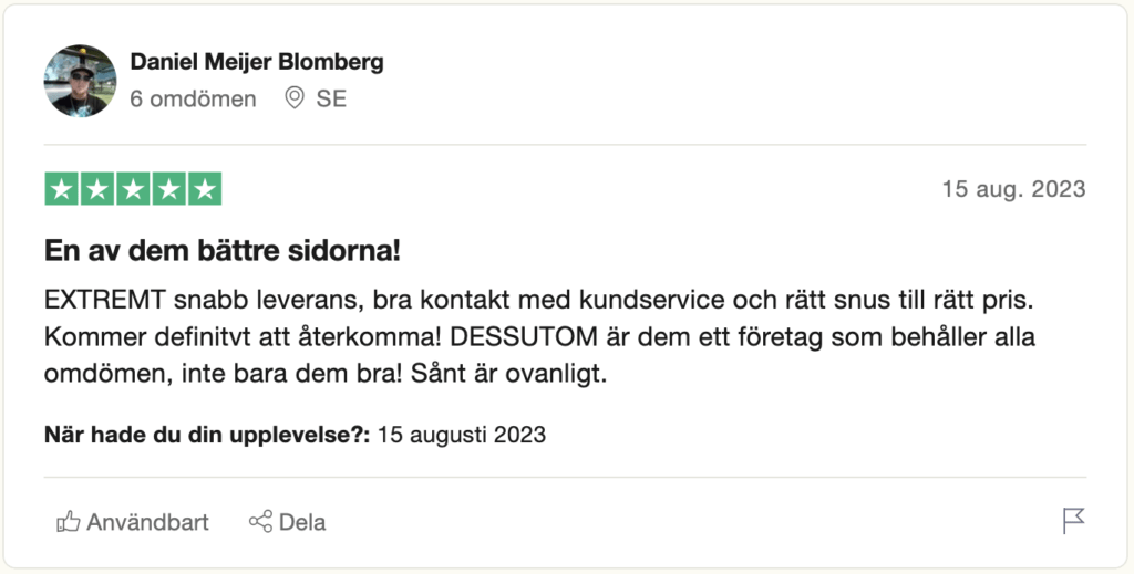 Omdöme från Trustpilot om bra kundservice och billigt snus