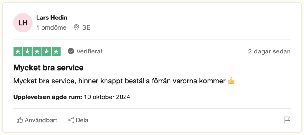 TrustPilot Omdöme från Lars Hedin
